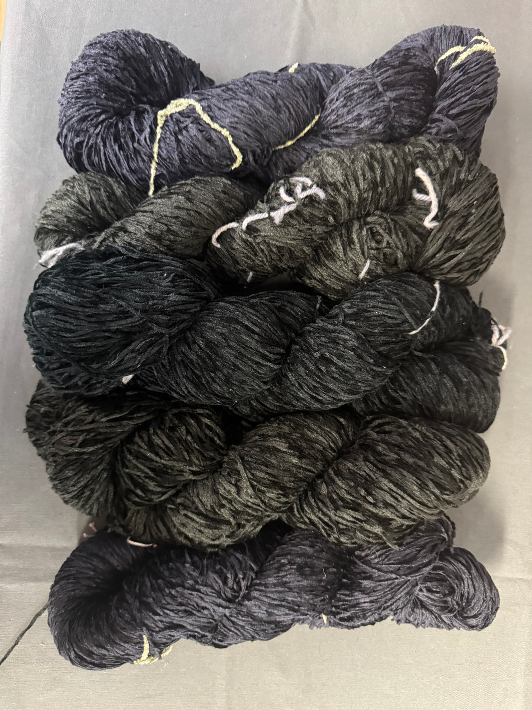 5 skeins of black rayon chenille(broken threads)